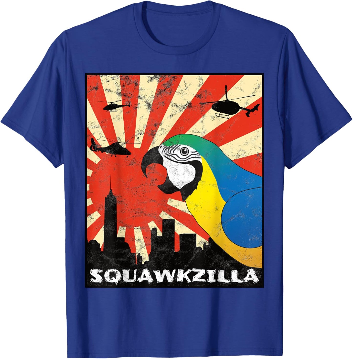 Squawk Zilla Blue and Gold Macaw Parrot Squawking Kawaii T-Shirt - T-Shirt | Royal