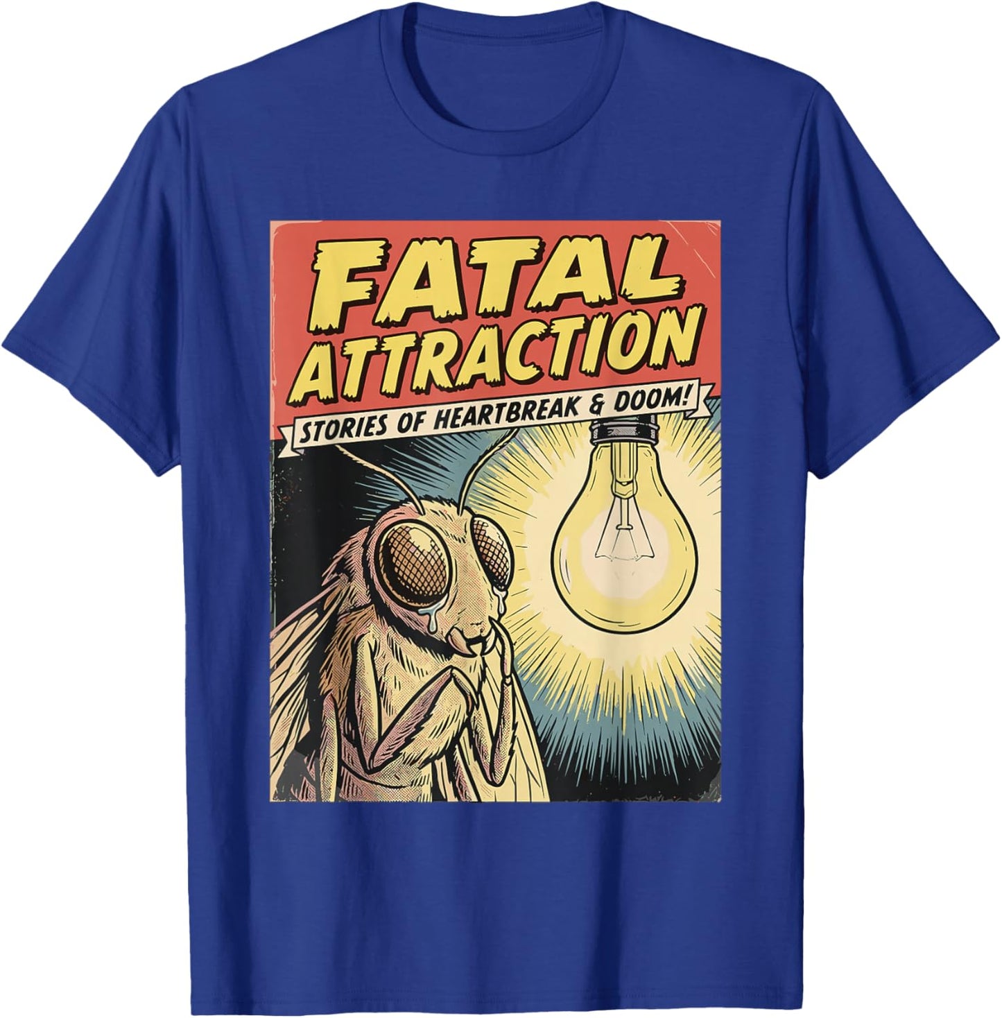 Funny Vintage Comic Book Style Moth Obsessed with Lightbulb T-Shirt - T-Shirt | Royal