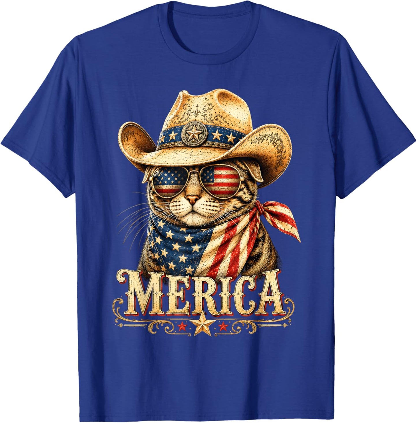 Merica Patriotic Cowboy Cat American Flag Vintage T-Shirt - T-Shirt | Royal