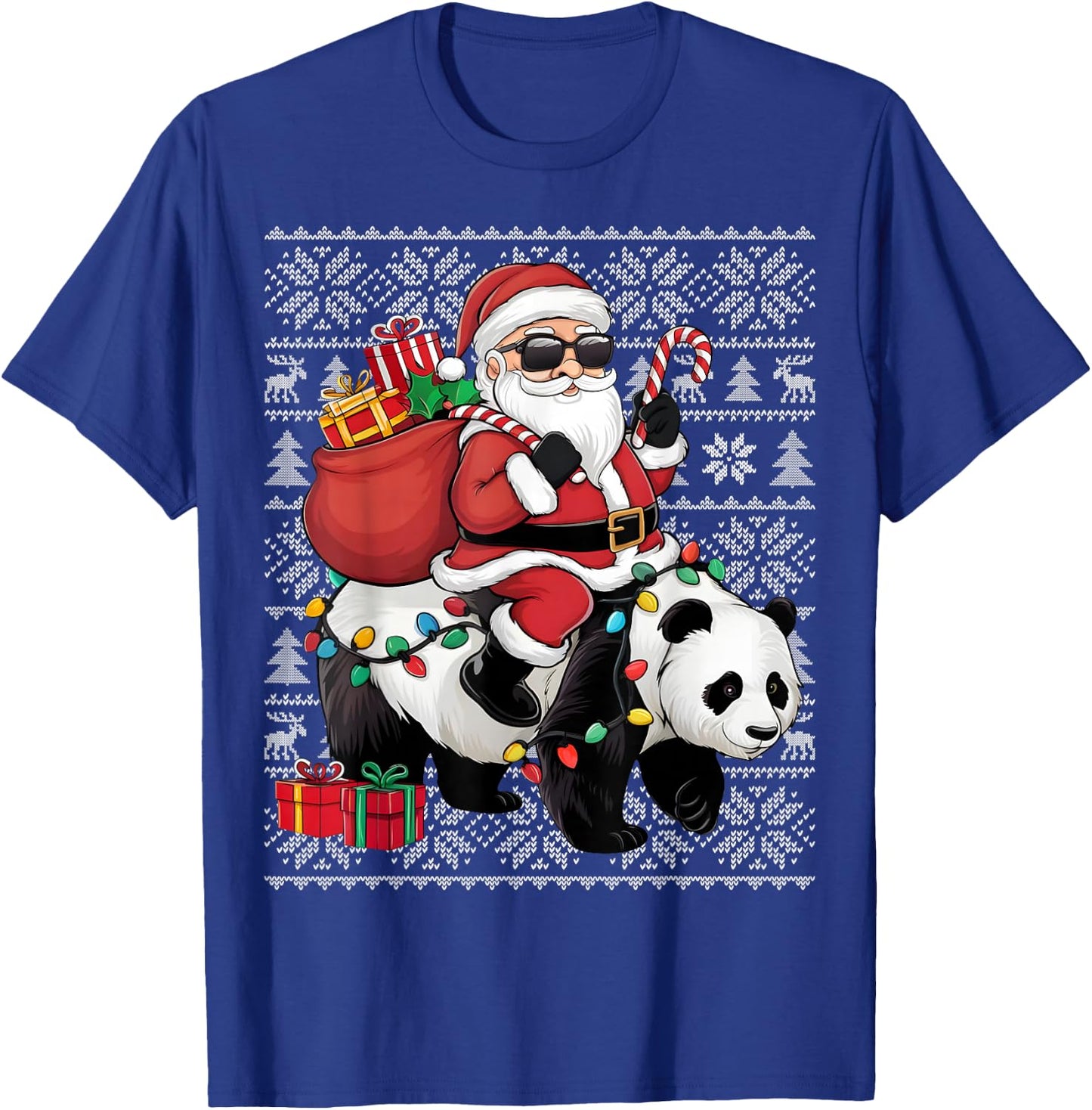 Ugly Xmas Sweater Style Santa Riding Panda Christmas T-Shirt - T-Shirt | Royal