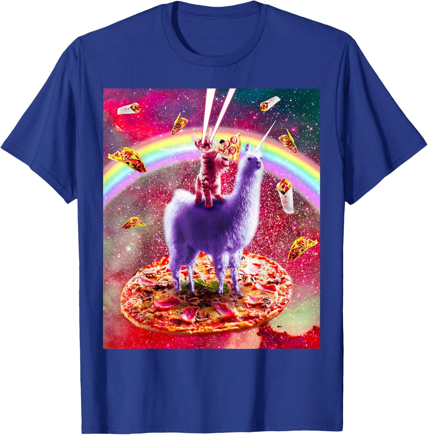 Laser Eyes Outer Space Cat Riding On Llama Unicorn T-Shirt - T-Shirt | Royal