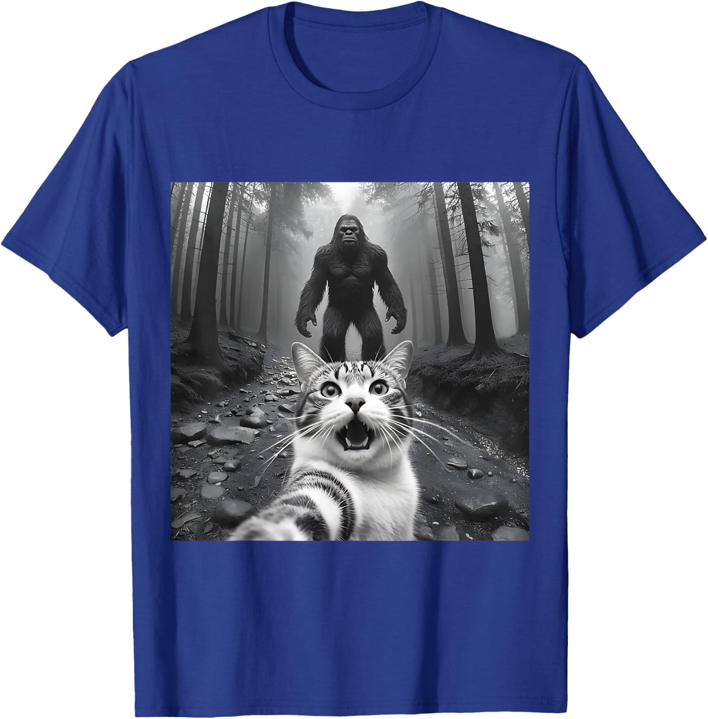 Funny Surprised Scared Cat Selfie With Sasquatsch Bigfoot Men Women Girls Kids T-Shirt - T-Shirt | Royal
