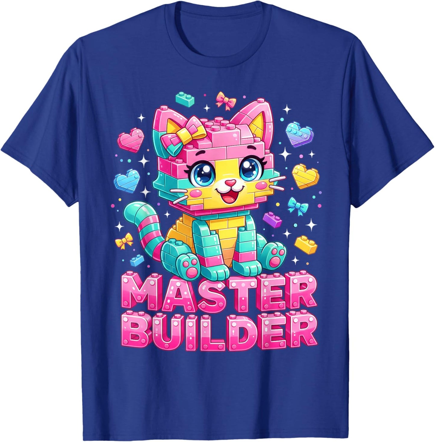 Master Builder Kids Girls Building Bricks Cat Lover Kitten T-Shirt - T-Shirt | Royal