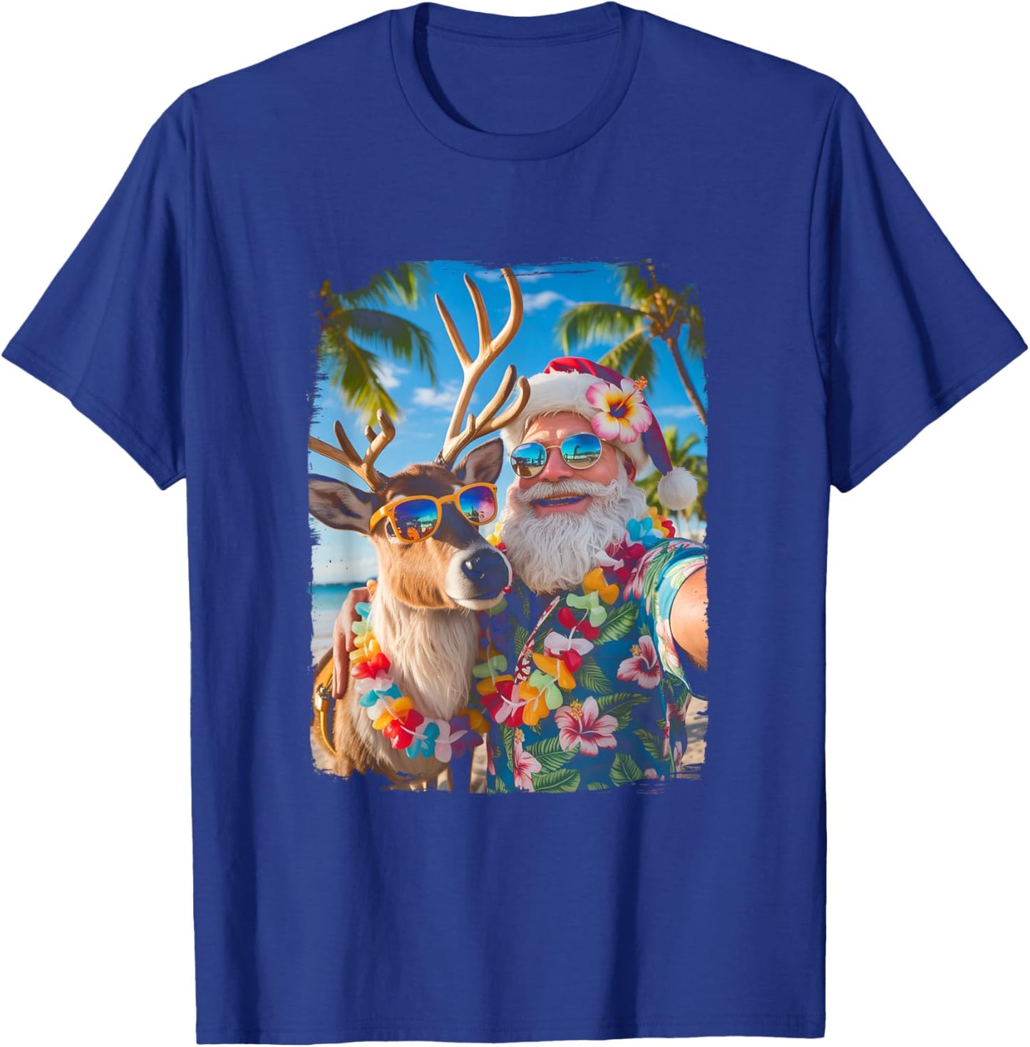 Santa and Reindeer Selfie Funny Beach Christmas in July T-Shirt - T-Shirt | Royal