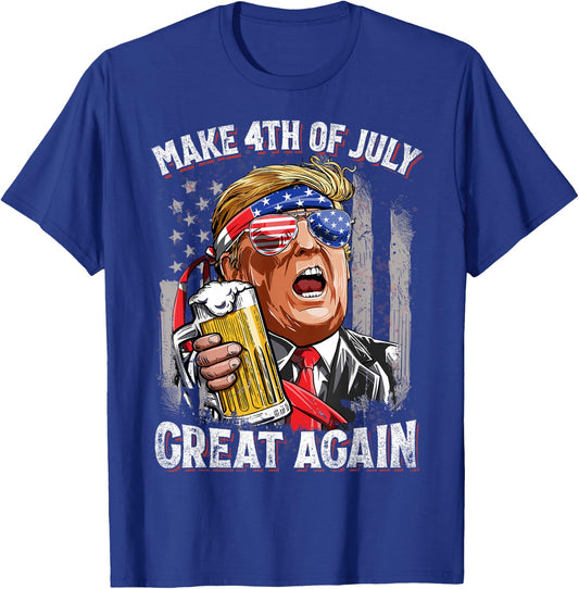 Trump Make 4th of July Great Again Men Drinking Beer Funny T-Shirt - T-Shirt | Royal