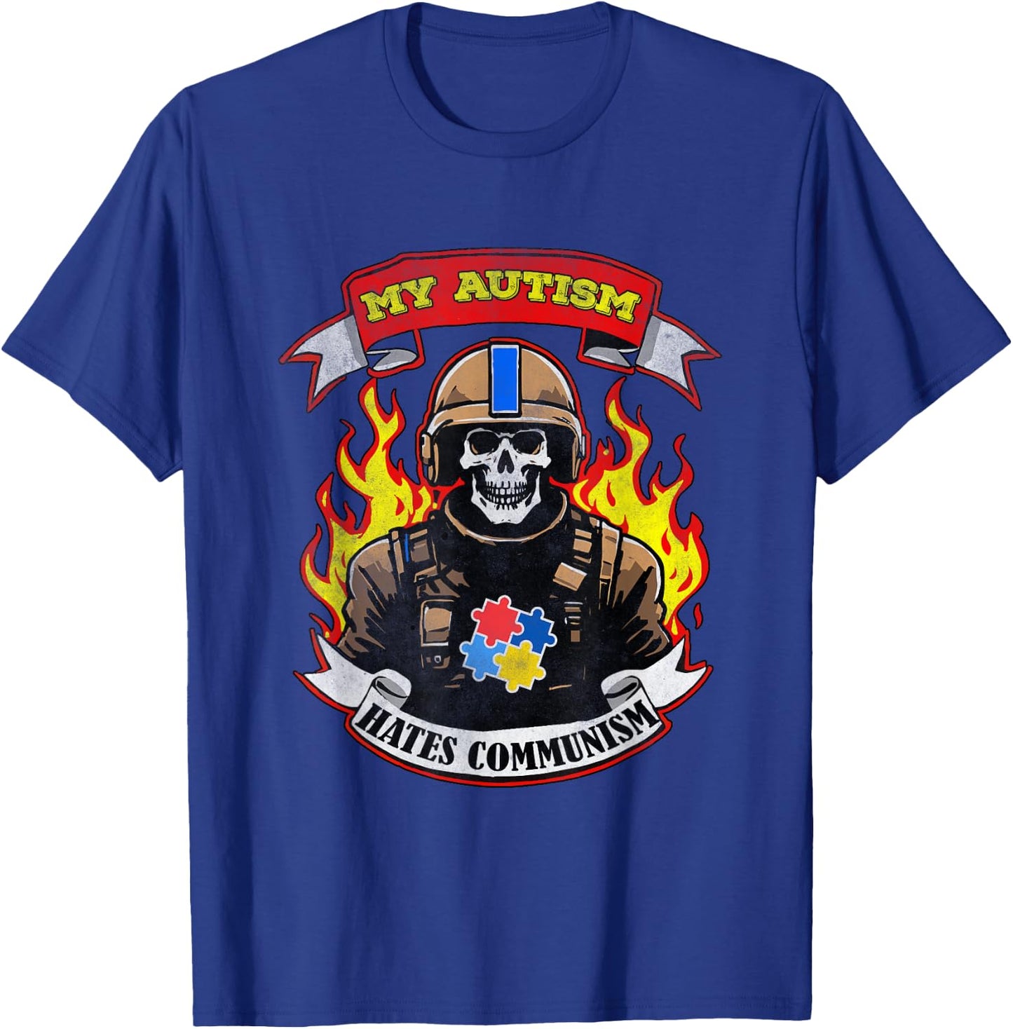 My Autism Hates Communism -Adults Black Cotton 100% Small Modern Classic Letter Print Vacation Autism Awareness T-Shirt - T-Shirt | Royal