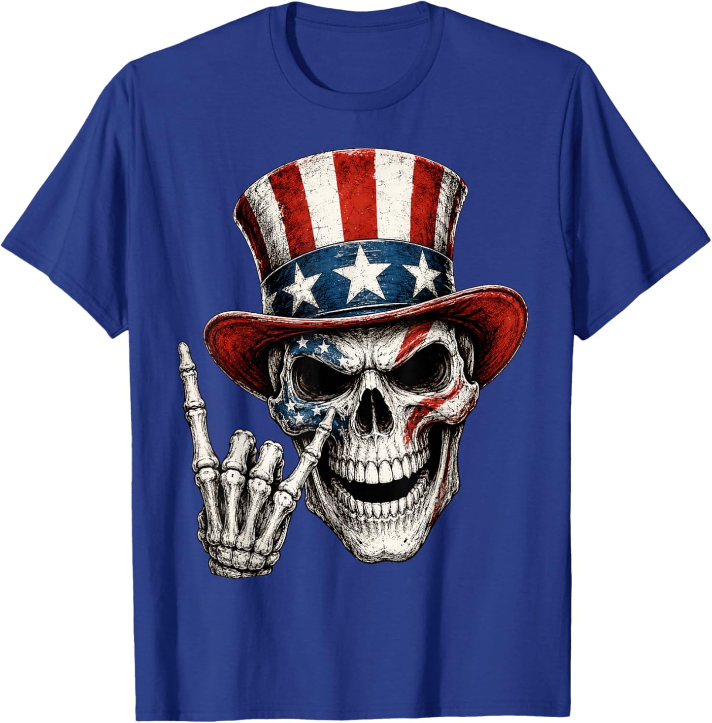 Patriotic Skeleton 4th of July Rock Hand USA American Flag T-Shirt - T-Shirt | Royal