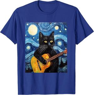 Funny Starry Night van Gogh Black Cat playing guitar Art T-Shirt - T-Shirt | Royal