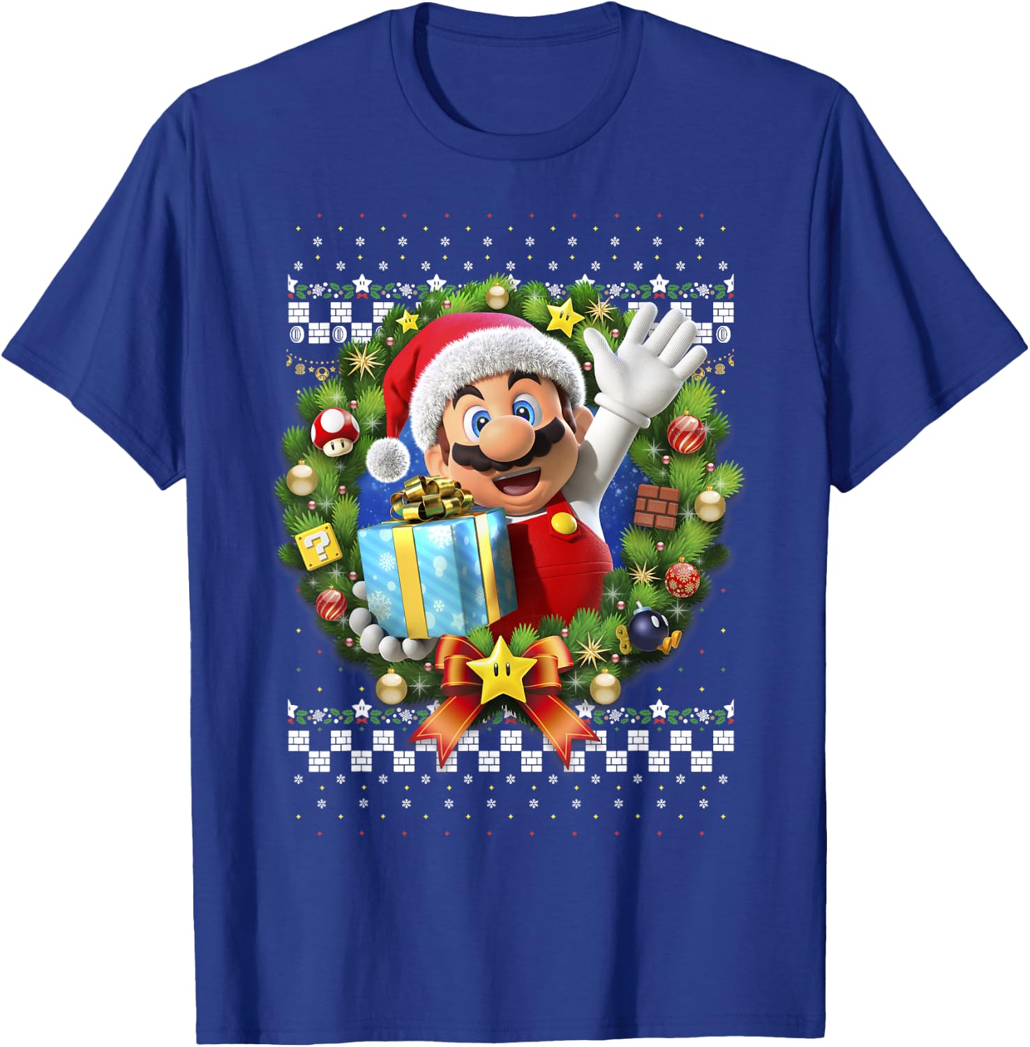 Super Mario 3D Christmas Wreath Present Graphic Short Sleeve T-Shirt - T-Shirt | Royal