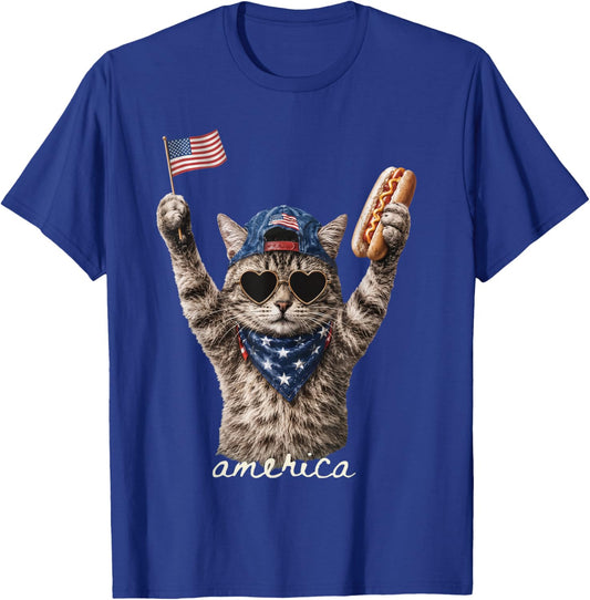 Retro Funny America Cat Hot Dog Lovers Patriotic US Flag T-Shirt - T-Shirt | Royal