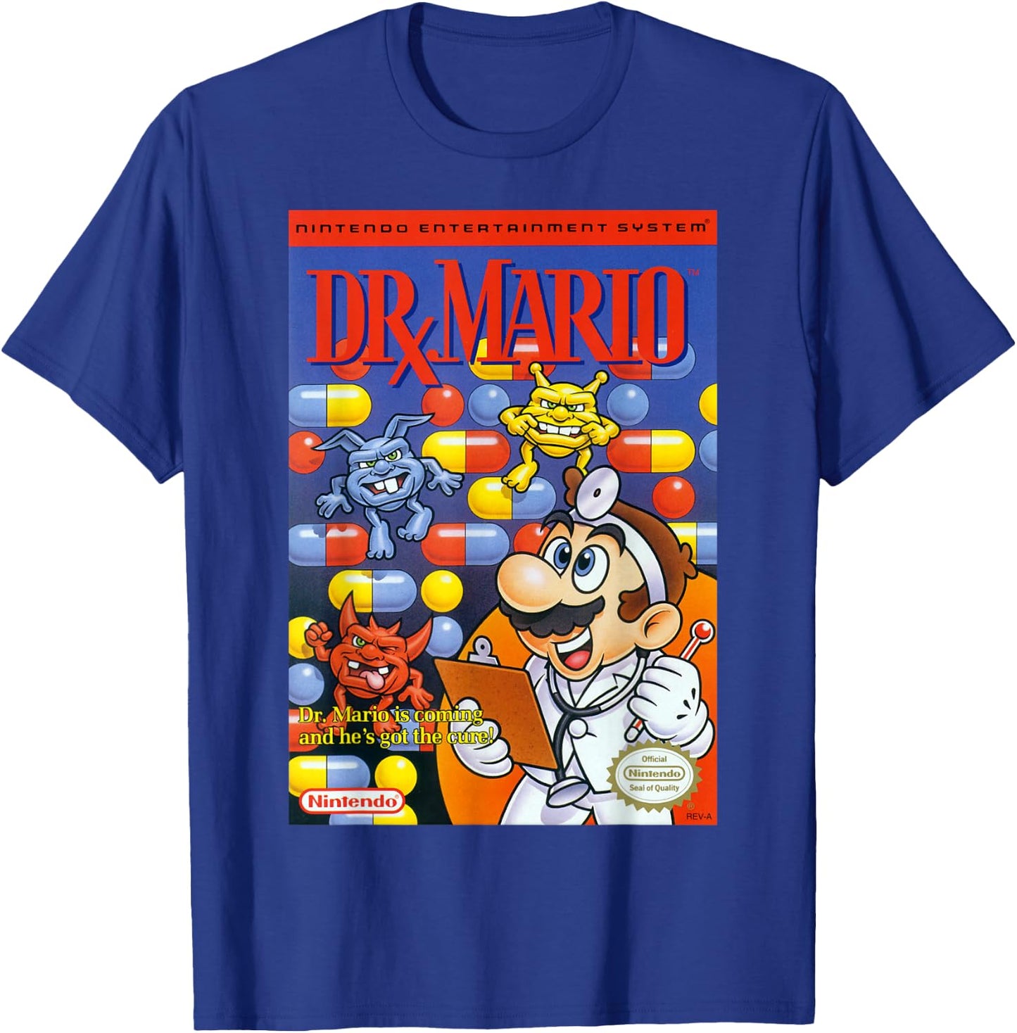 Super Mario Dr Mario Retro NES Game Cover Poster T-Shirt - T-Shirt | Royal