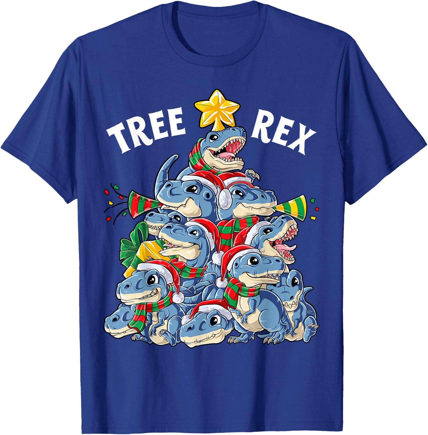 Christmas Dinosaur Tree Rex Pyjamas Men Boys Xmas Santa Hat T-Shirt - T-Shirt | Royal