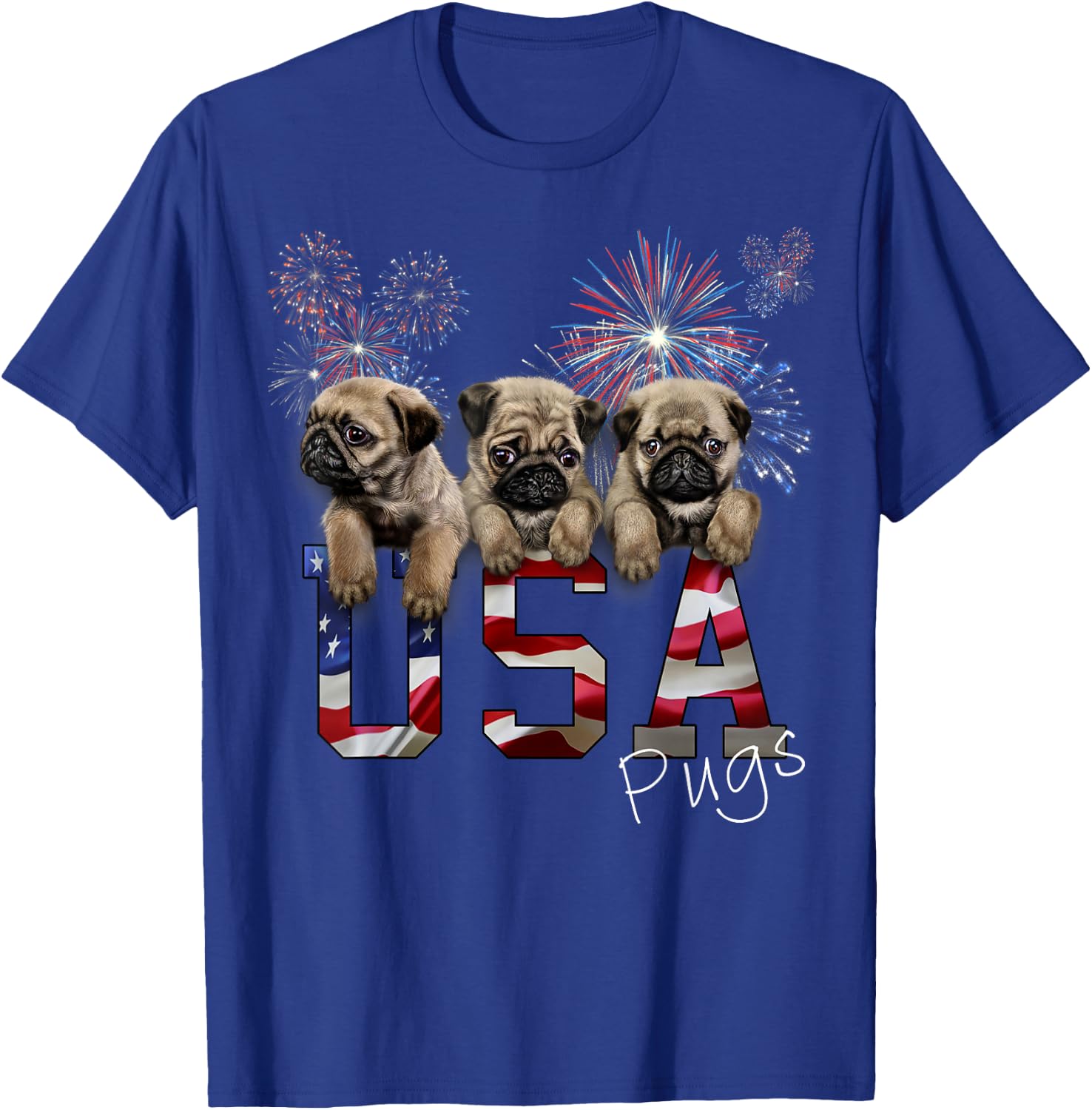 USA Patriot Pug Puppy Dog with Fireworks Women Kids Men T-Shirt - T-Shirt | Royal
