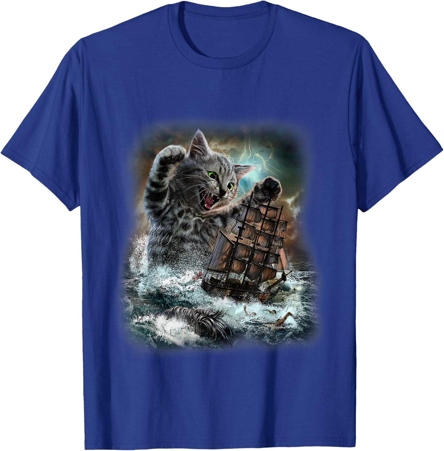 Giant Cat as Kraken Sea Monster Ambush a War Ship in Ocean T-Shirt - T-Shirt | Royal