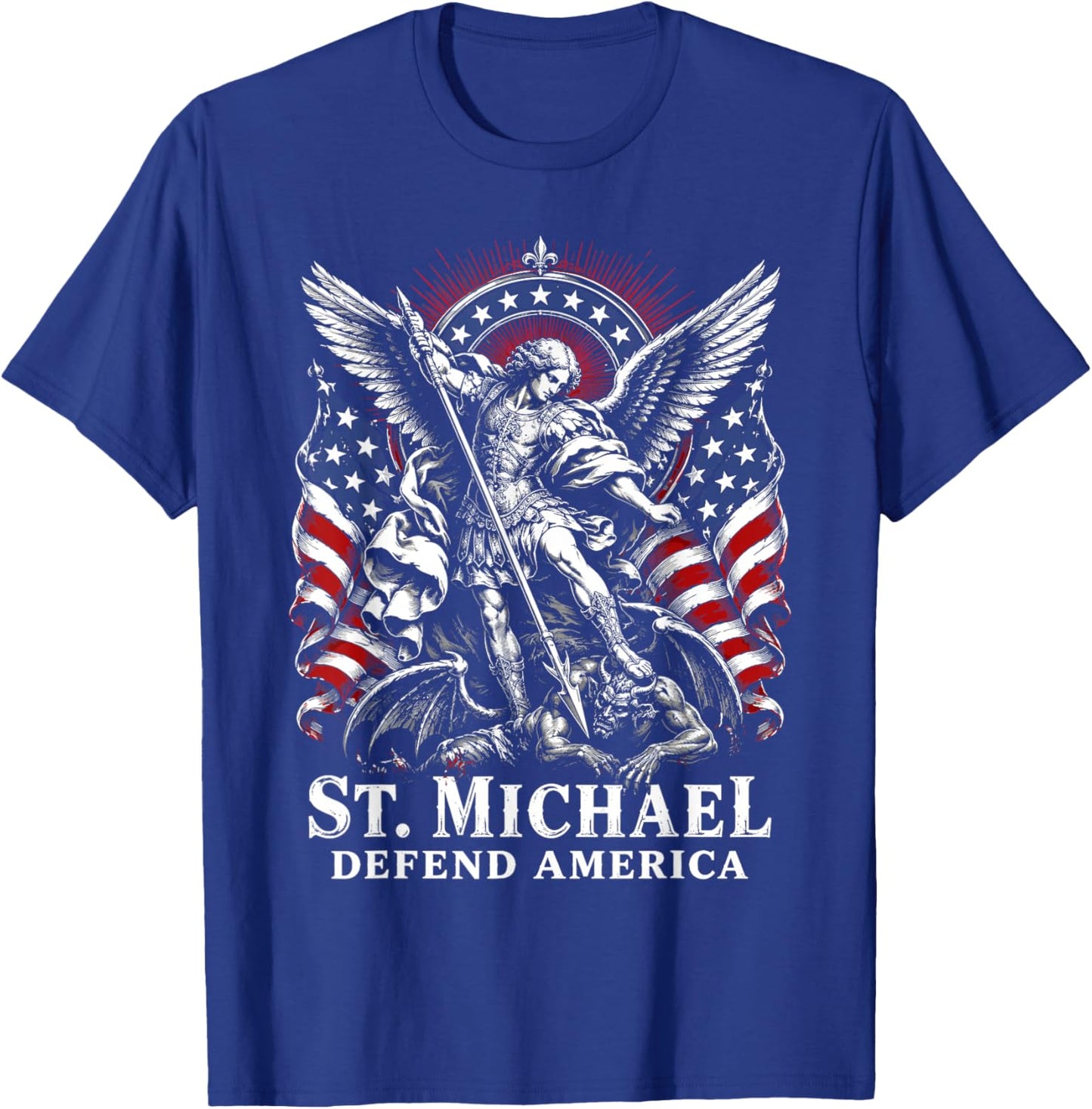 Vintage St. Michael Defend America Archangel Patriot US Flag T-Shirt - T-Shirt | Royal