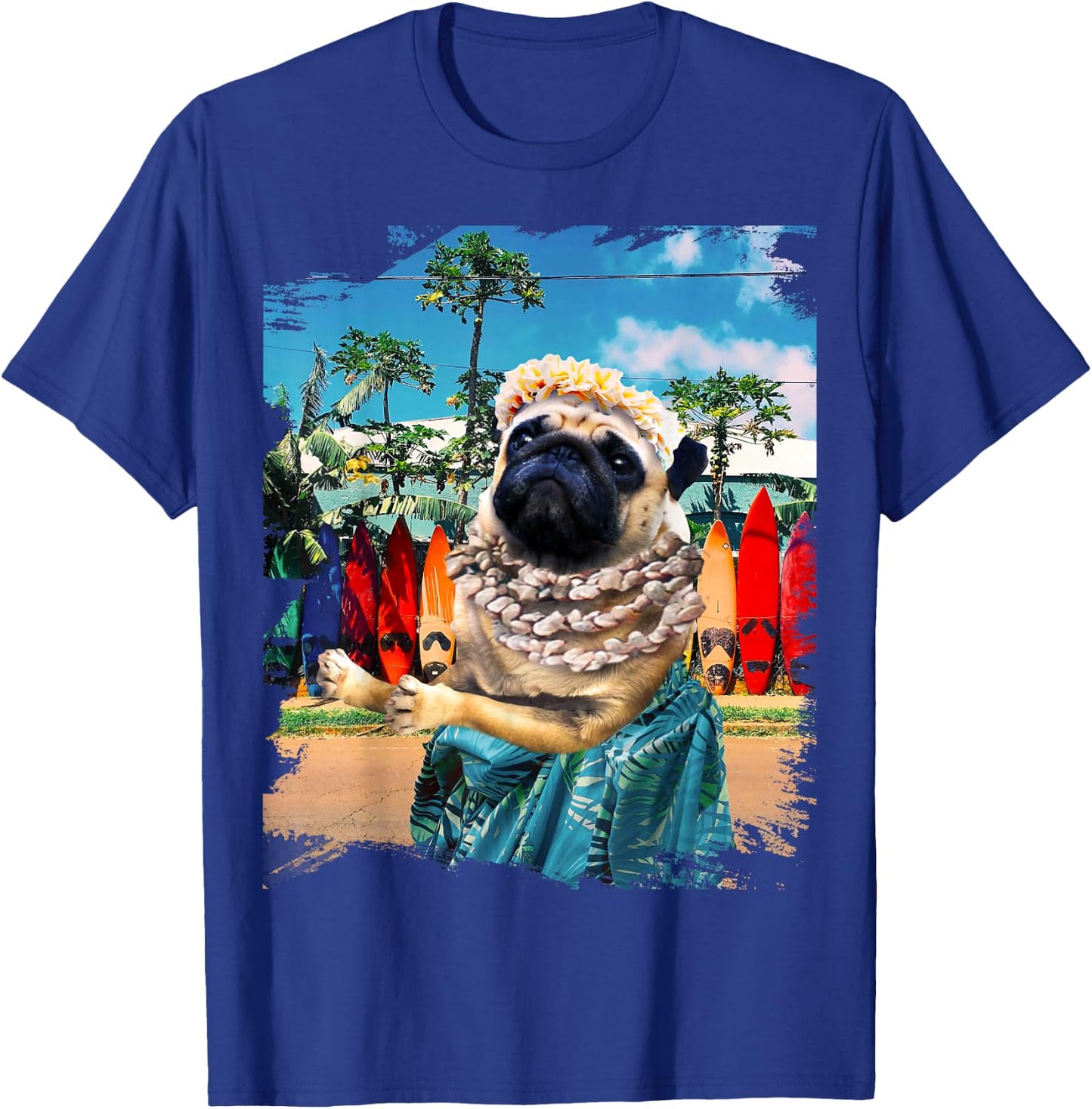 Cute Aloha Pug Hawaiian - , Small, Black, Short Sleeve, Cotton 100% T-Shirt - T-Shirt | Royal