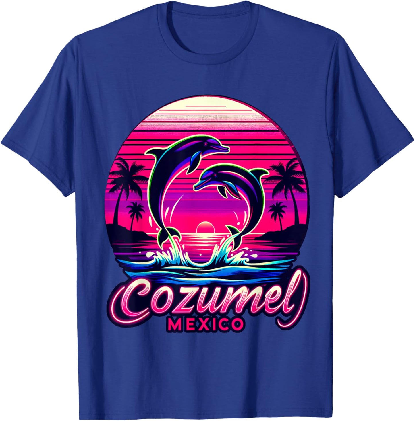 Cozumel Mexico with Palm Trees, Sunset and Dolphins T-Shirt - T-Shirt | Royal