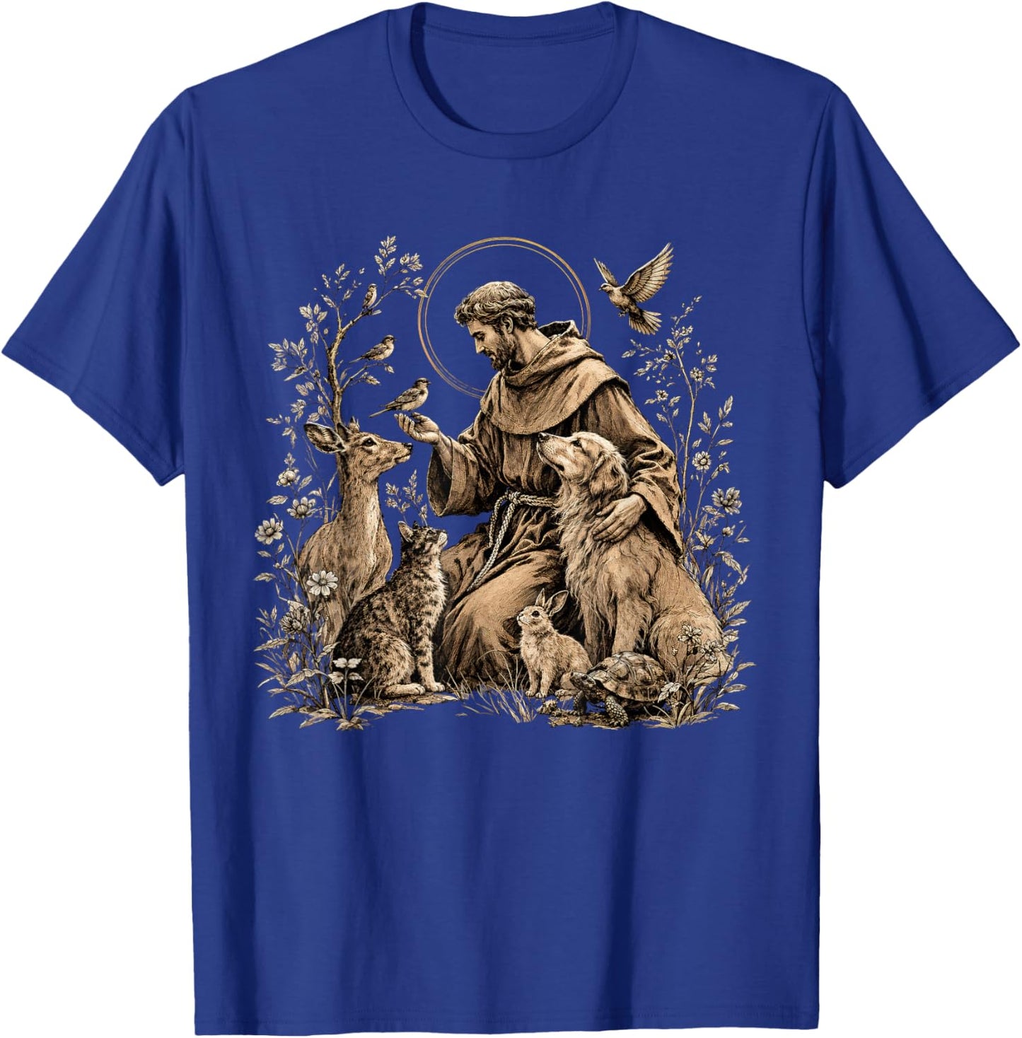 St. Francis of Assisi Floral Religious Faith T-Shirt - T-Shirt | Royal