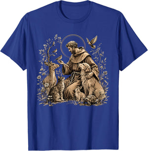 St. Francis of Assisi Floral Religious Faith T-Shirt - T-Shirt | Royal