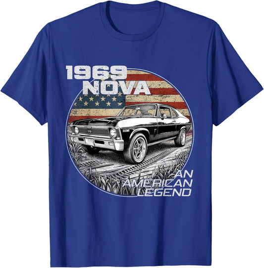 1969 69 Nova Silhouette Muscle Car American Flag T-Shirt - T-Shirt | Royal