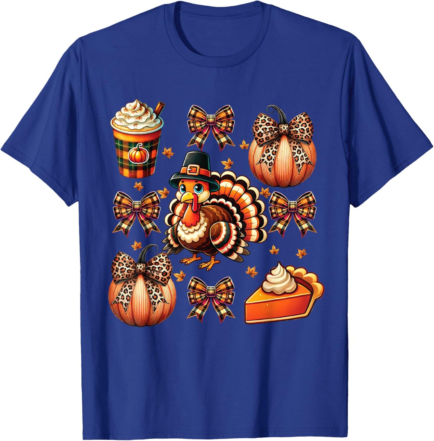 Turkey Drinking Coffee Bow Thanksgiving Turkey Day T-Shirt - T-Shirt | Royal