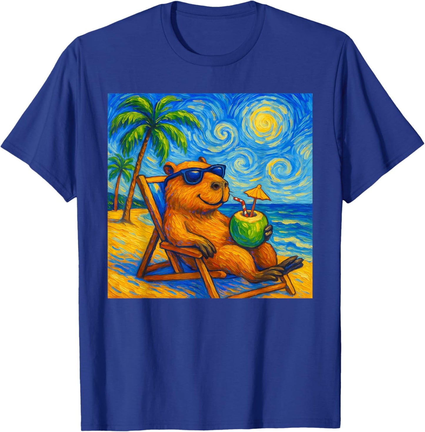 Capybara Van Gogh Art Funny Beach Summer Family Vacation T-Shirt - T-Shirt | Royal