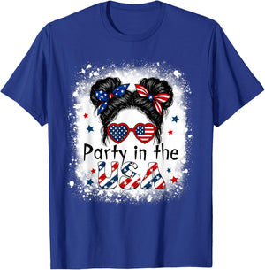 Party In USA Girls 4th of July Shirt Daughter Messy Bun USA T-Shirt - T-Shirt | Royal