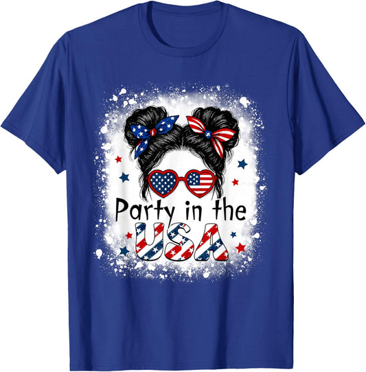 Party In USA Girls 4th of July Shirt Daughter Messy Bun USA T-Shirt - T-Shirt | Royal