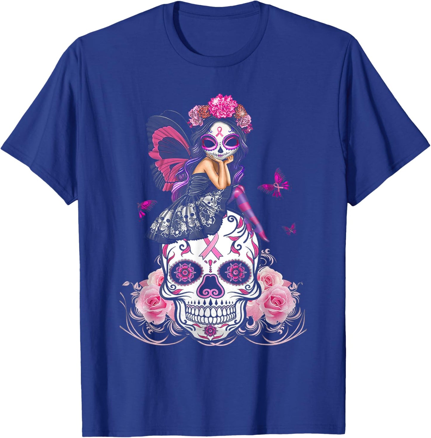 Fairy Sugar Skull Breast Cancer Butterfly Pink Ribbon Woman T-Shirt - T-Shirt | Royal