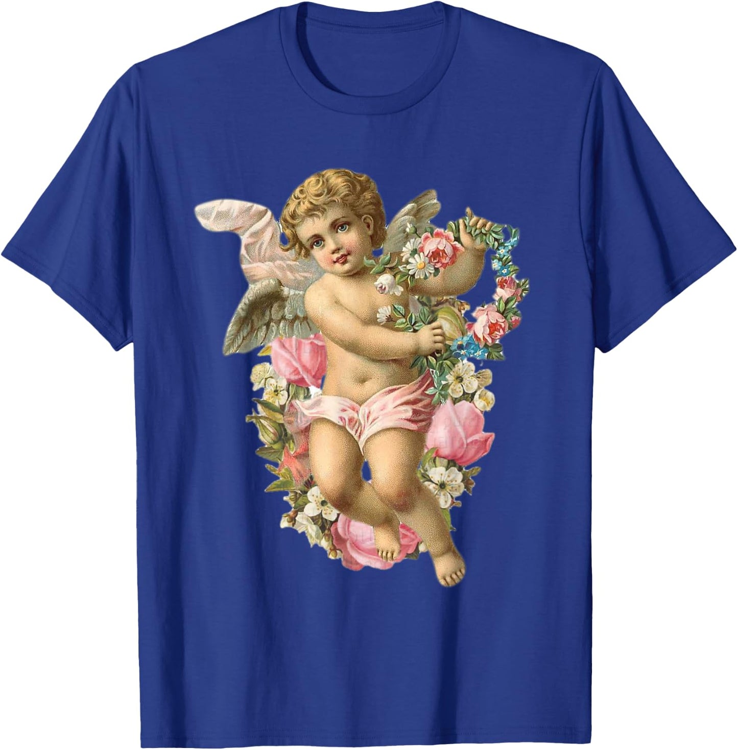Angelic Vintage Cherub with Daisies & Pink roses T-Shirt - T-Shirt | Royal