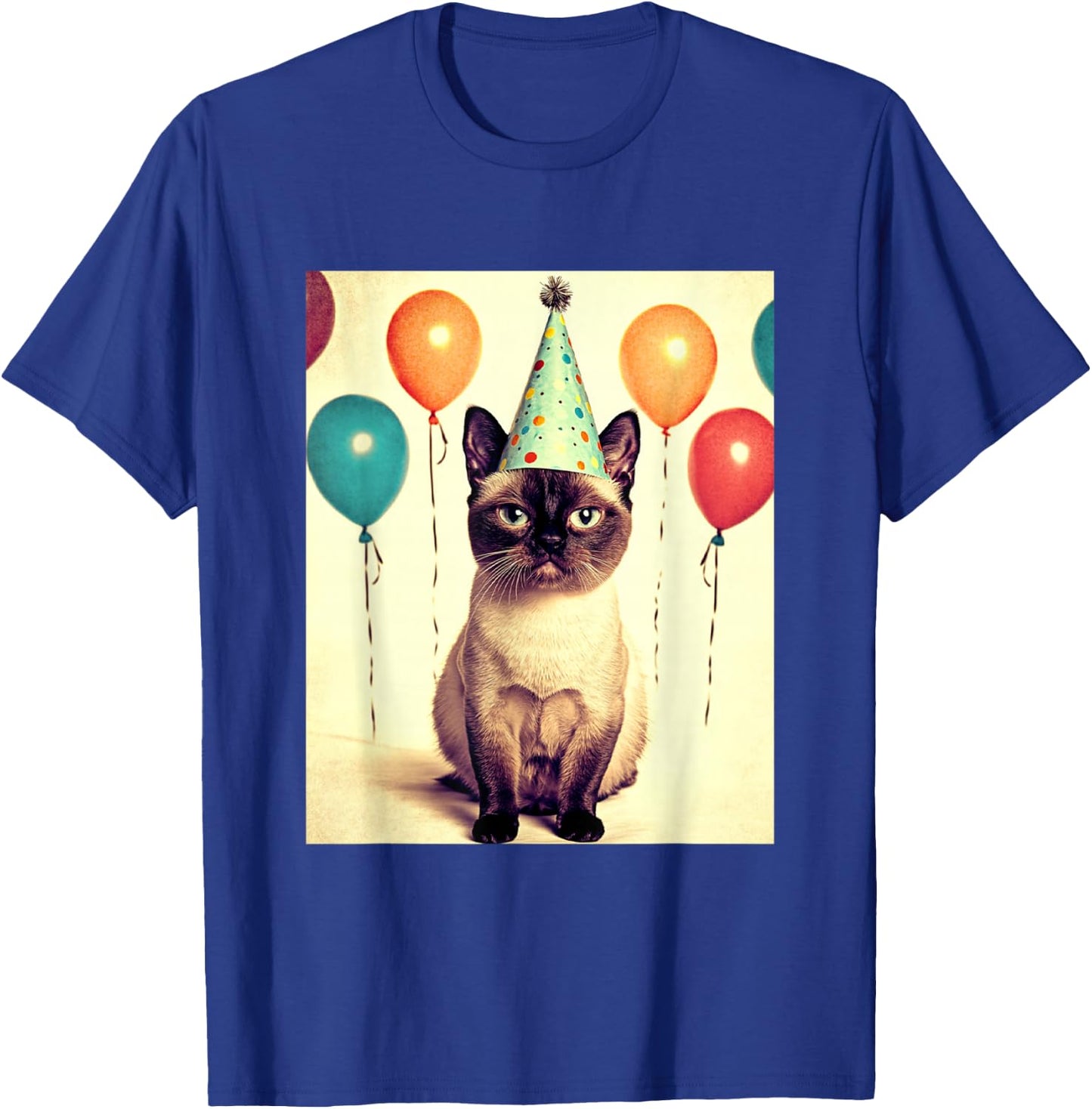 Siamese Cat Retro Art Print Birthday Party Balloons & Hat T-Shirt - T-Shirt | Royal