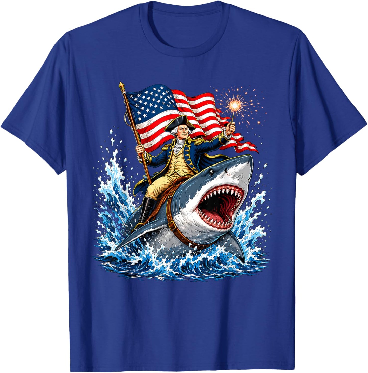 Funny George Washington Shark 4th July USA Men Women Kids T-Shirt - T-Shirt | Royal
