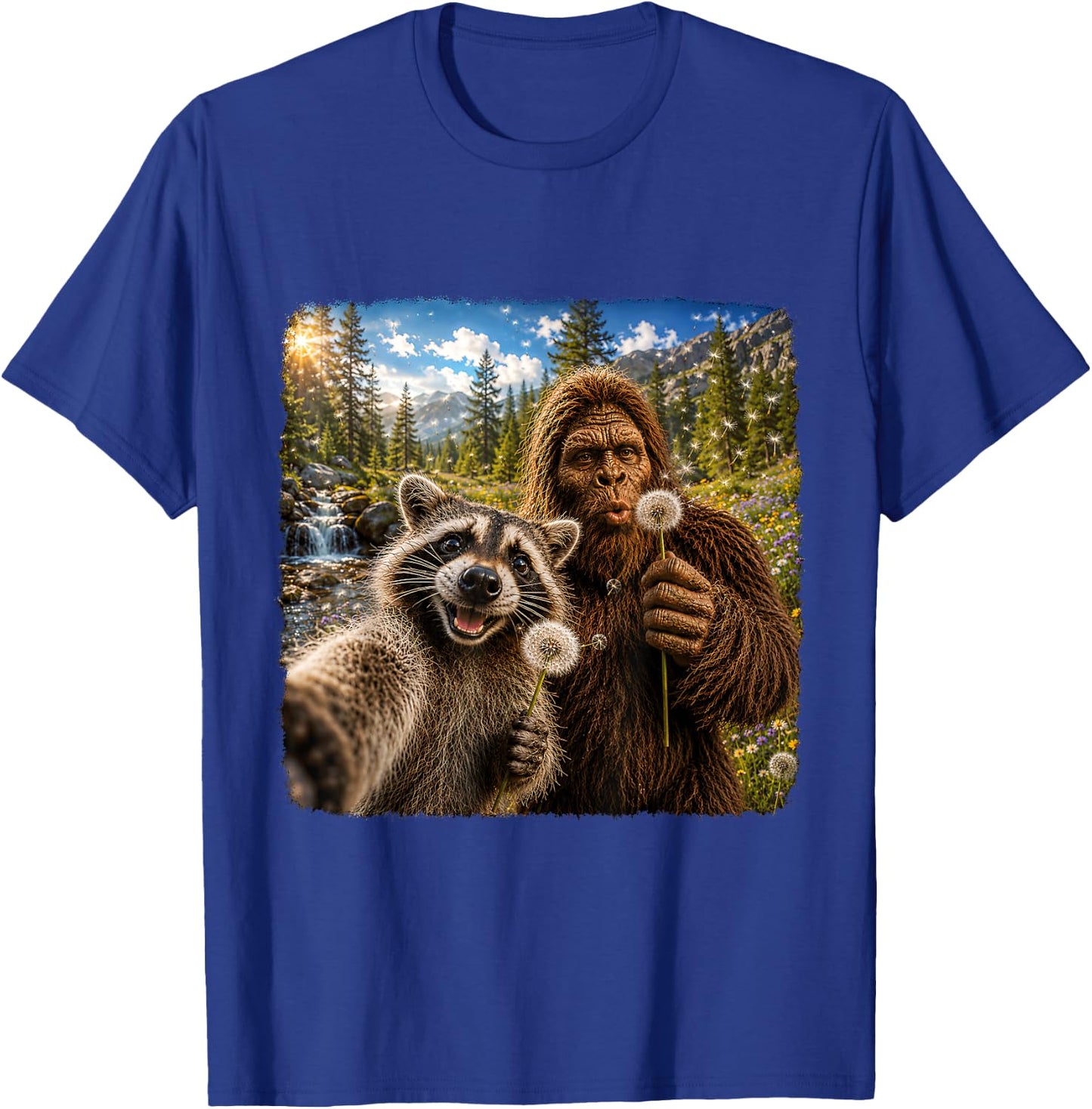 Funny Sasquatch Raccoon Dandelion Nature Lover Graphic T-Shirt - T-Shirt | Royal