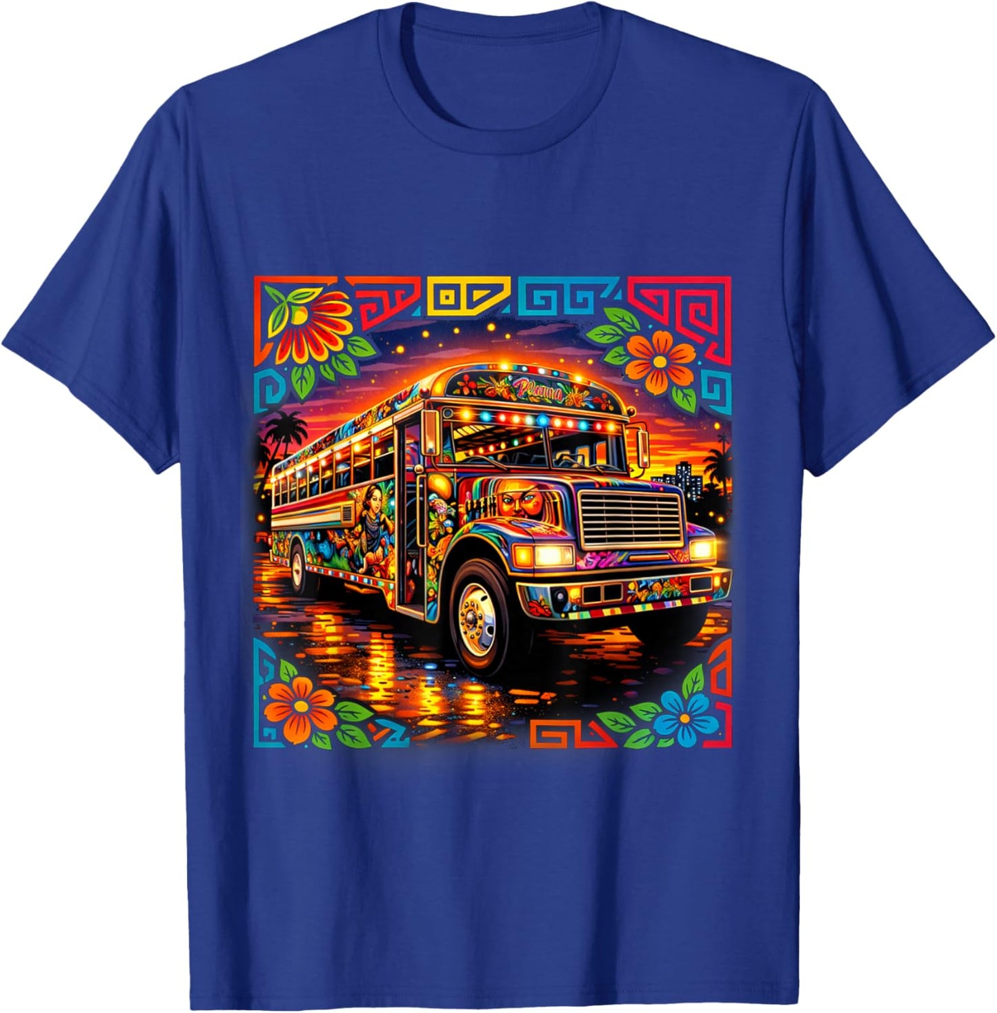 Diablo Rojo Bus Inspired by Mola Art Panama Cultural Design T-Shirt - T-Shirt | Royal