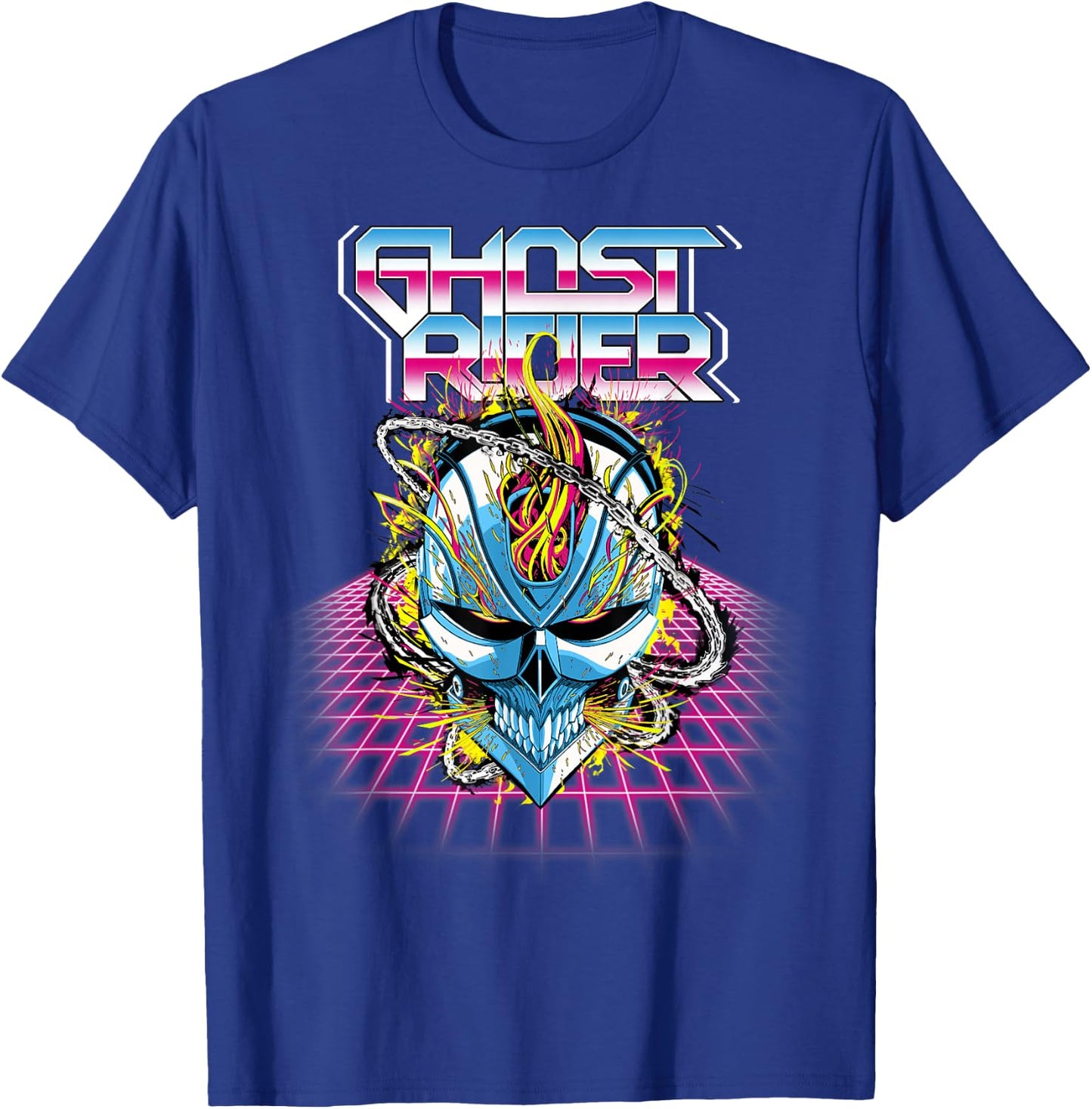 Marvel Ghost Rider Super 80s Retro Neon Grid Graphic T-Shirt - T-Shirt | Royal