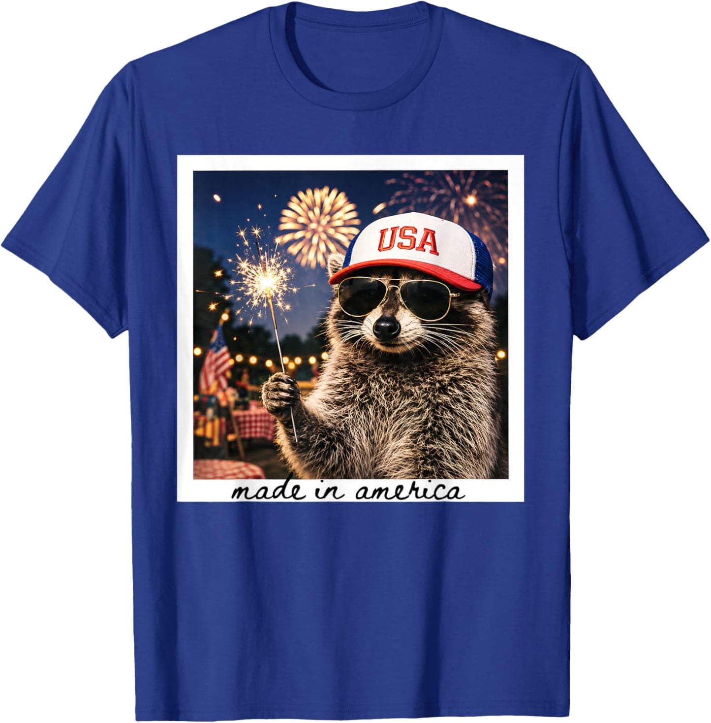 Made in America Funny Raccoon Fireworks 4th of July USA T-Shirt - T-Shirt | Royal