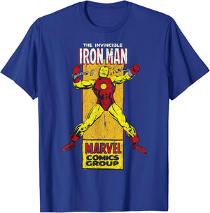 Marvel The Invincible Iron Man Retro Comic Side Panel Stamp T-Shirt - T-Shirt | Royal