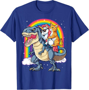 Cat Unicorn Riding Dinosaur T rex Kitten Lover Space Galaxy Women Kids T-Shirt - T-Shirt | Royal