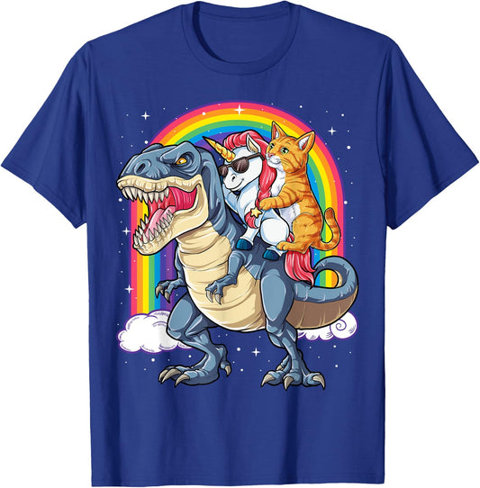 Cat Unicorn Riding Dinosaur T rex Kitten Lover Space Galaxy Women Kids T-Shirt - T-Shirt | Royal