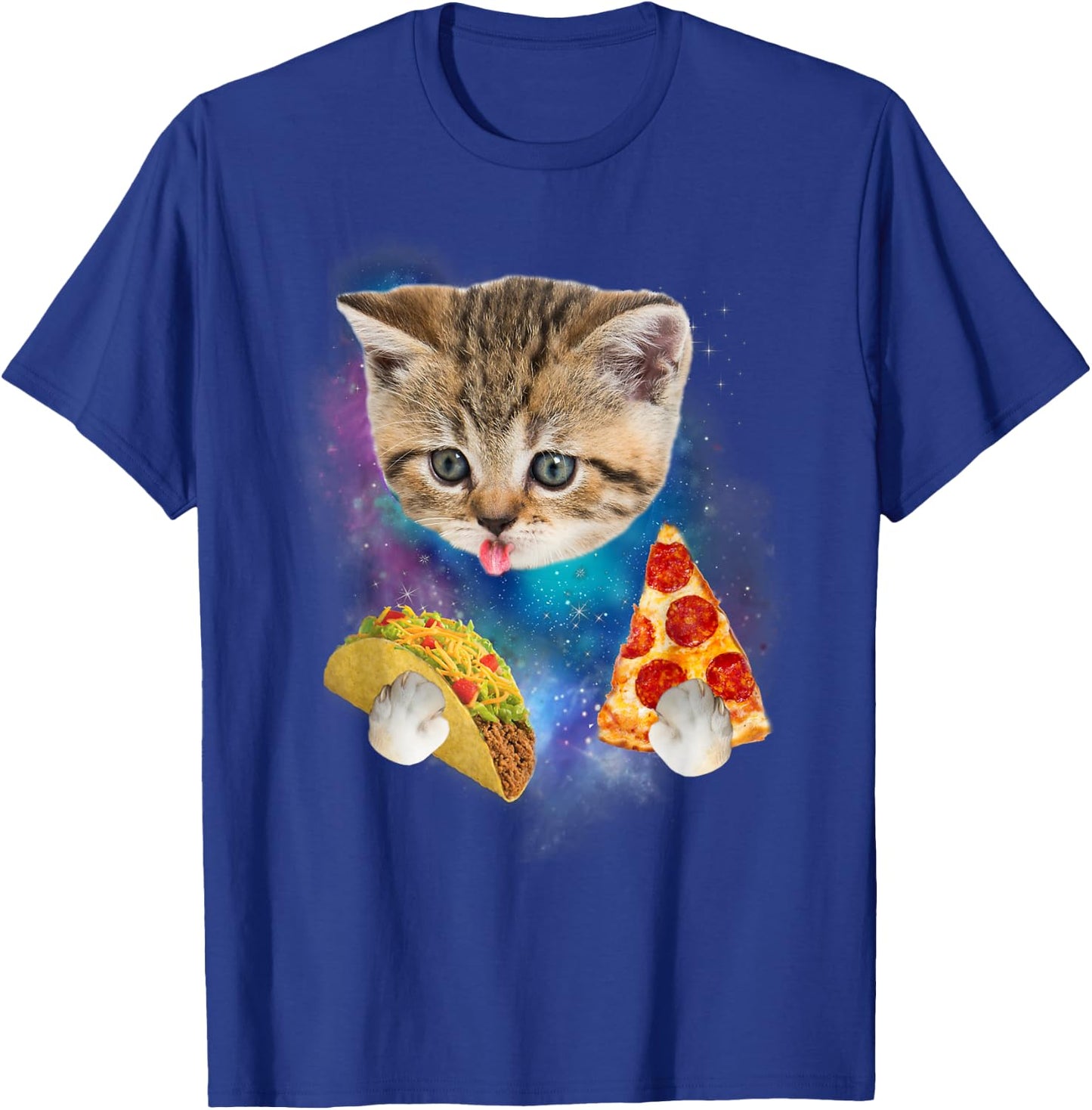 Funny Galaxy Taco Cat | Space Cat Eat Pizza and Taco T-Shirt - T-Shirt | Royal