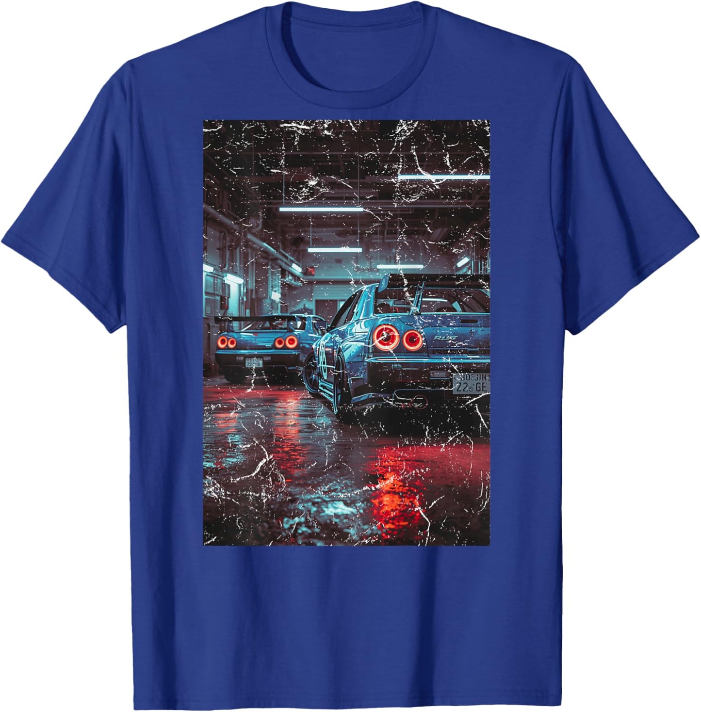 Distress Vintage JDM Race Drift Cars in The Garage (On Back) T-Shirt - T-Shirt | Royal