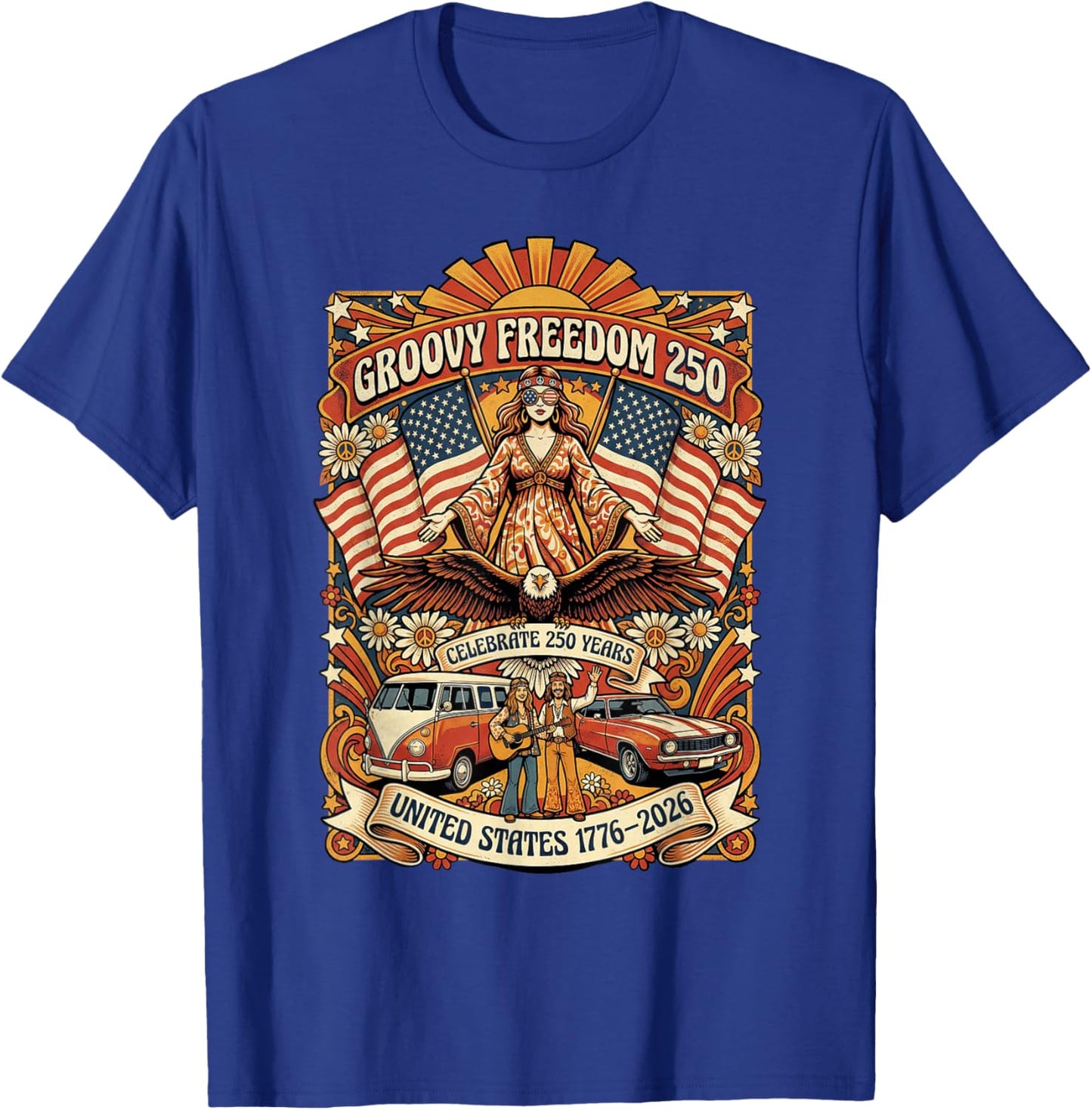United States 1776 2026 Flower Power Roadtrip Design T-Shirt - T-Shirt | Royal