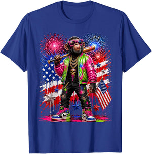 Monkey Baseball Drip Funny 4th of July Animal Graphic USA T-Shirt - T-Shirt | Royal