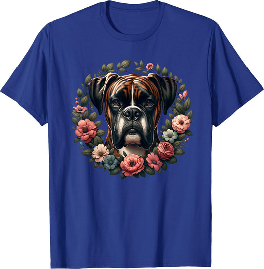 Adults & Kids Retro Floral Wreath Boxer Dog Lover - Black, Small, Short Sleeve T-Shirt - T-Shirt | Royal
