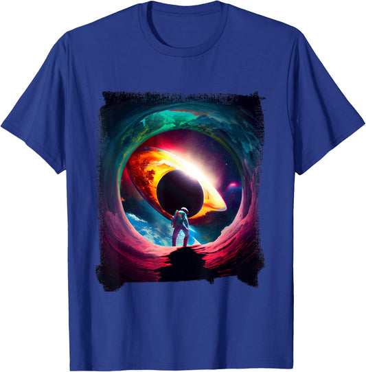 Vibrant Cosmic Astronaut Black Hole T-Shirt - T-Shirt | Royal