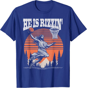 Funny Retro He Is Rizzin Christian Easter Playing Basketball T-Shirt - T-Shirt | Royal