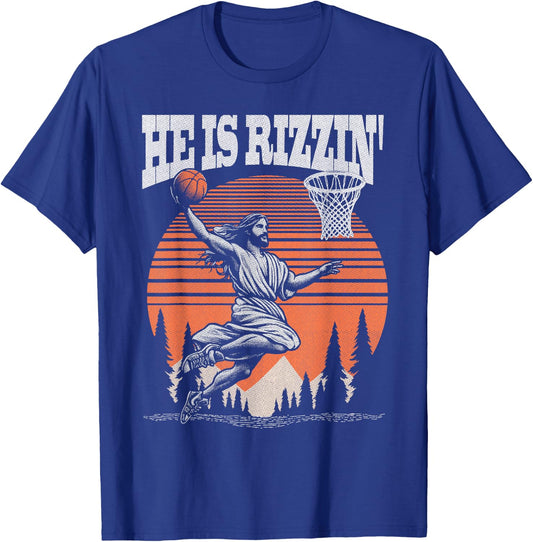 Funny Retro He Is Rizzin Christian Easter Playing Basketball T-Shirt - T-Shirt | Royal