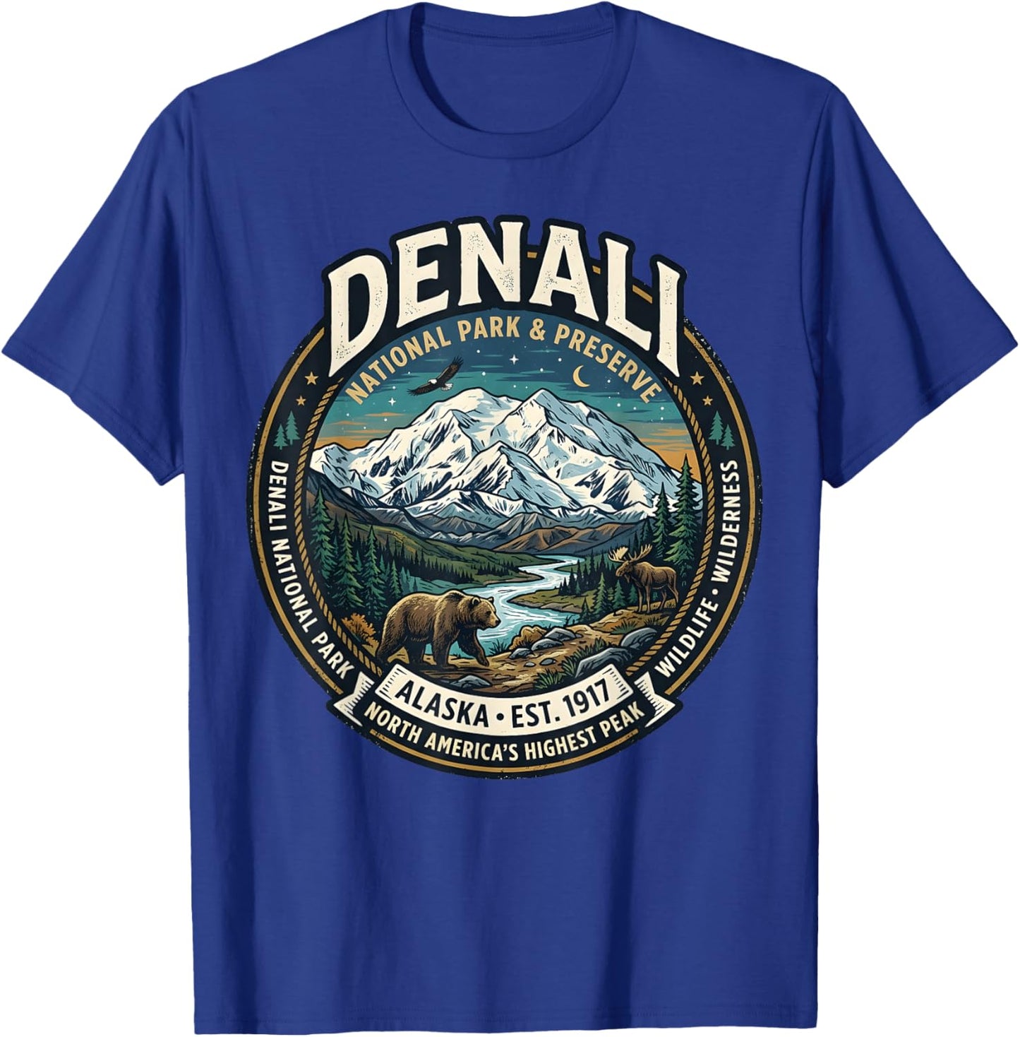 Denali National Park Alaska Mountain Wildlife Vintage Badge T-Shirt - T-Shirt | Royal