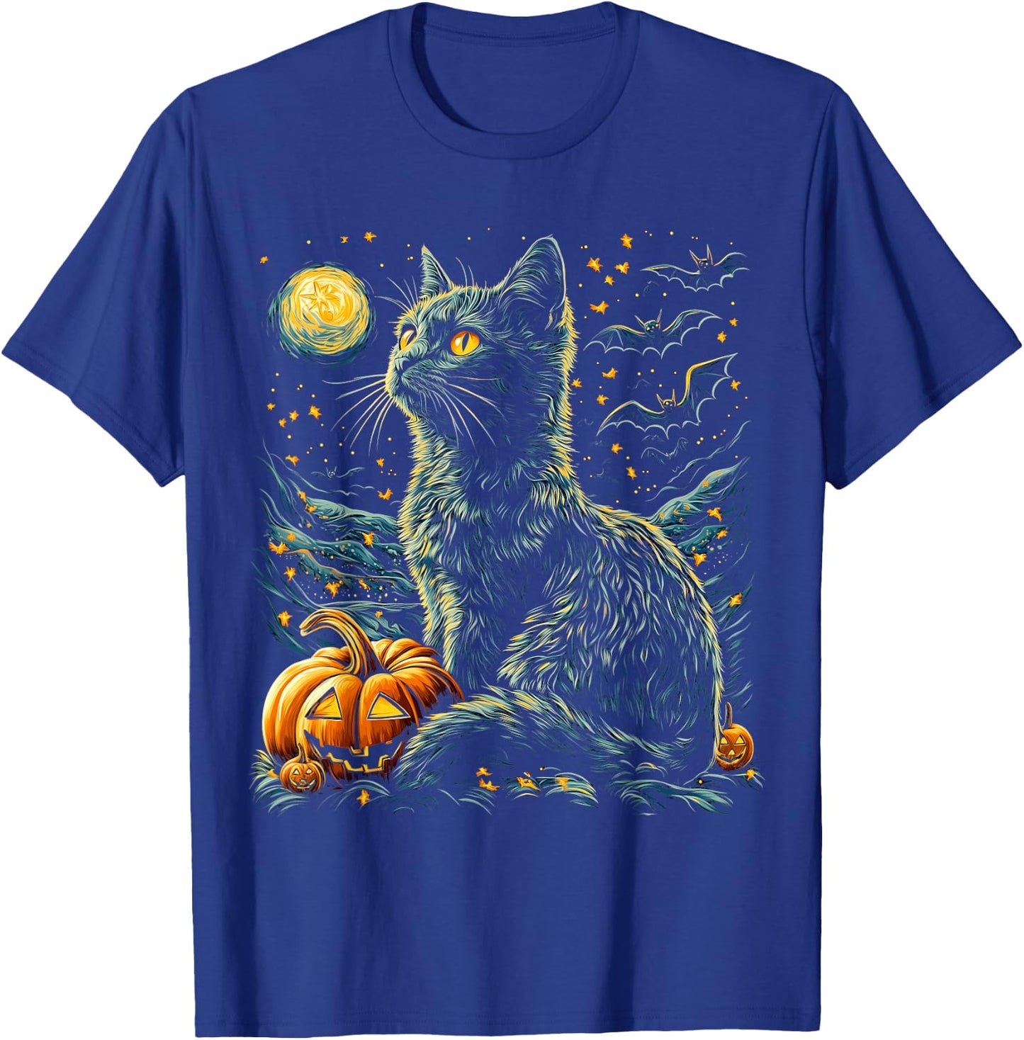Halloween Van Gogh Starry Night Black Cat Pumpkins Bats T-Shirt - T-Shirt | Royal