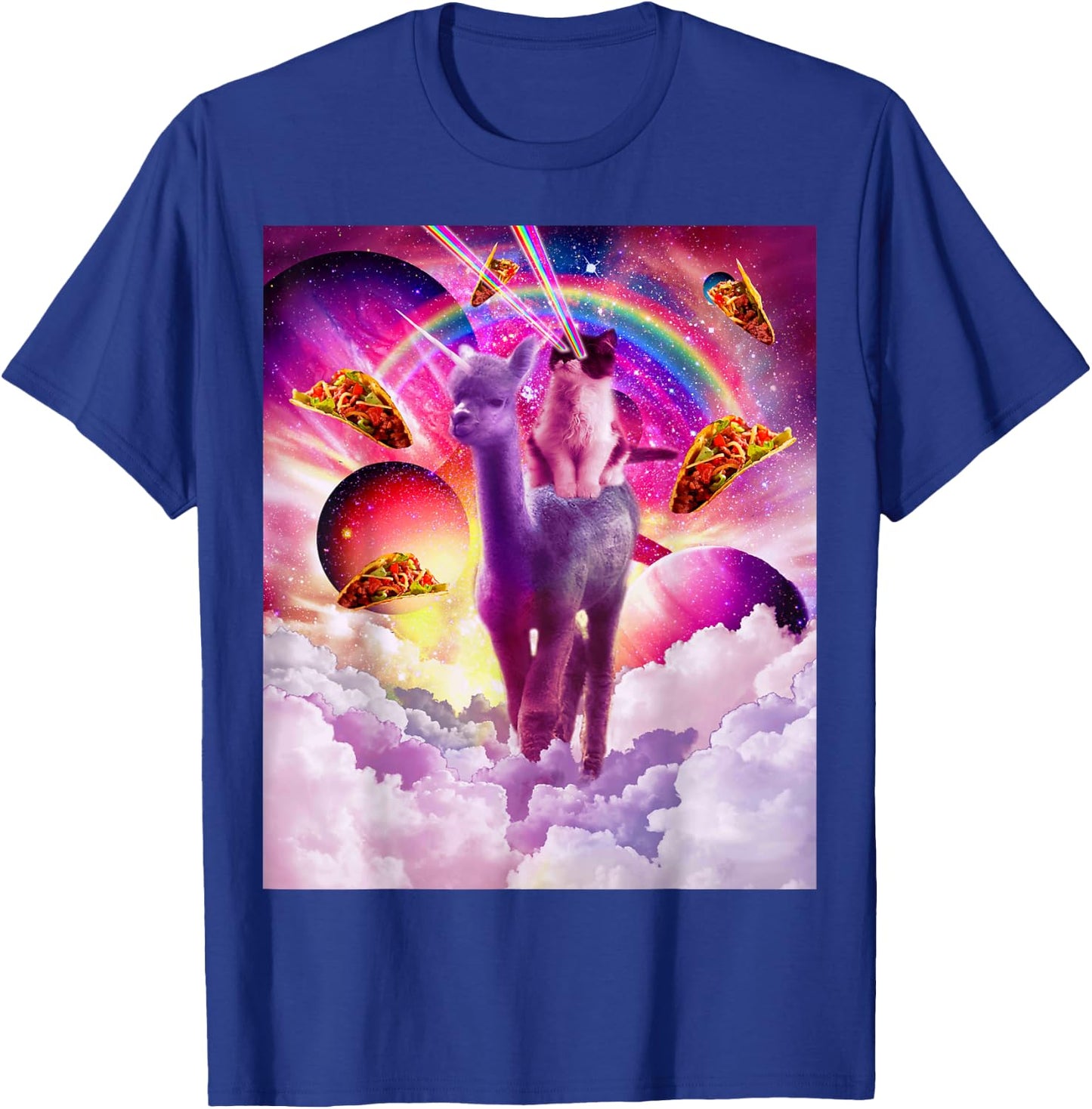 Cosmic Cat Riding Alpaca Unicorn T-Shirt - T-Shirt | Royal